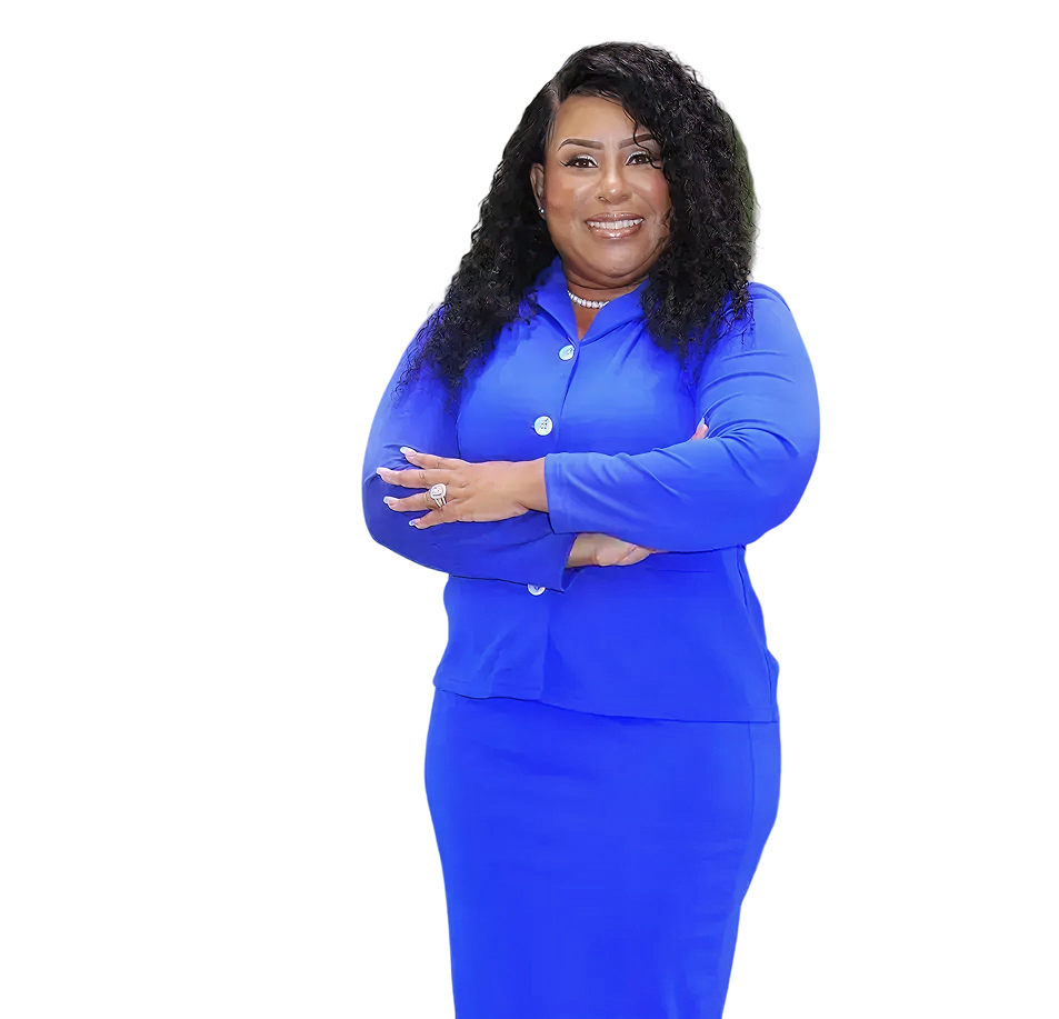 Smiling woman in formal blue outfit